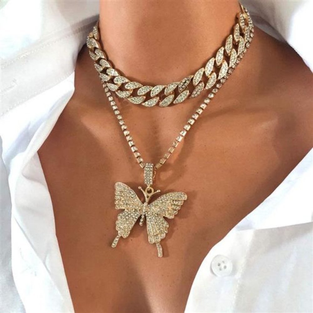 Gold Crystal Shiny Butterfly Pendant Necklace Rhinestone Chain for Women Girls